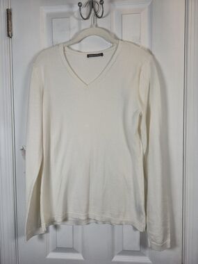 ​Caroline Grace Ivory Cotton Cashmere V-Neck Pointelle Trim Sweater M